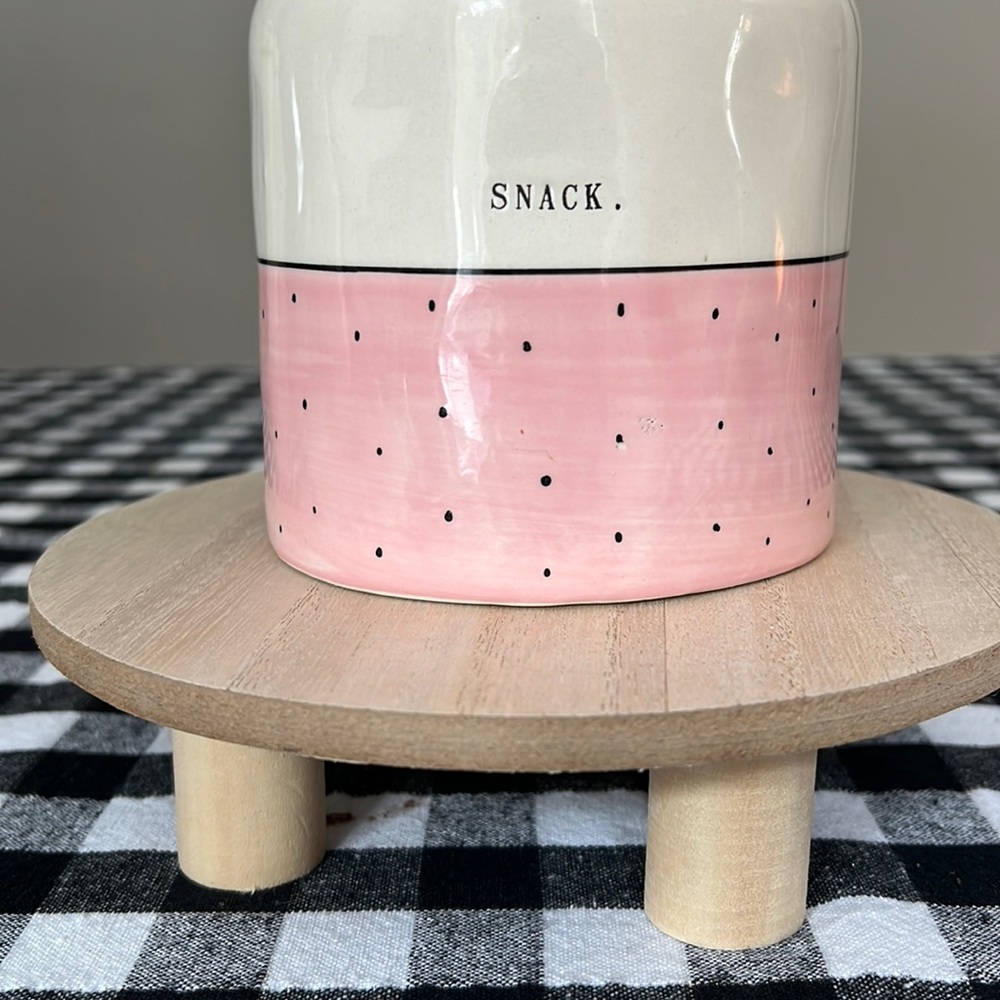 Rae Dunn CANISTER - PINK polka dot "SNACK" - 7" tall. 2018 HTF Never used.